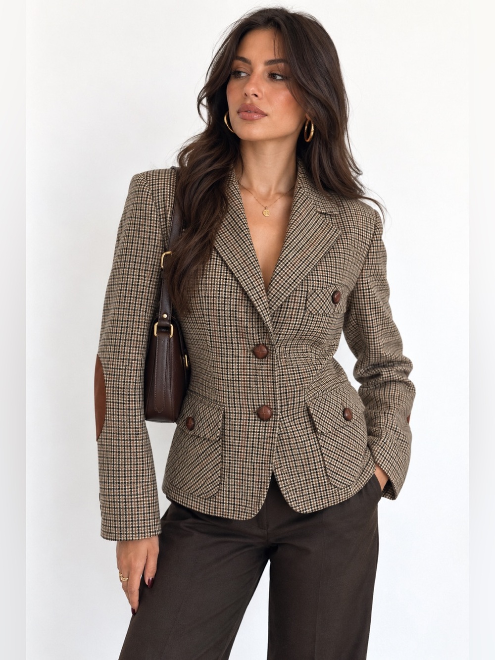 Piu & Piu Made In Italy Checked Tailored Blazer Jacket in Brown Virgin Wool Blen